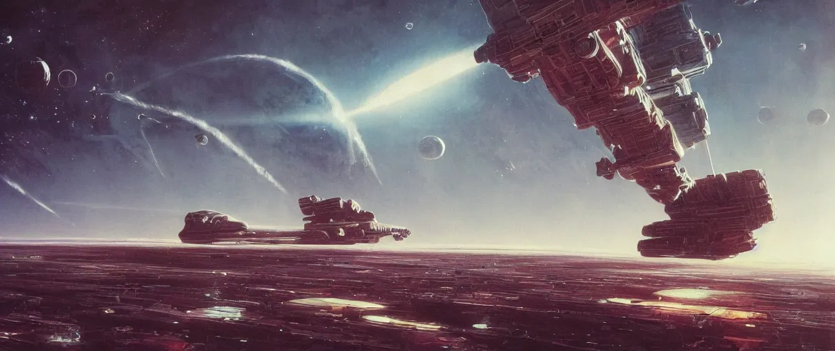 Image similar to concept art, exploration spaceship drifting in space, the expanse tv series, industrial design, industrial apparent, immensity, wide angle, cinematic lighting, 4k, widescreen ratio, by sparth, beksinski