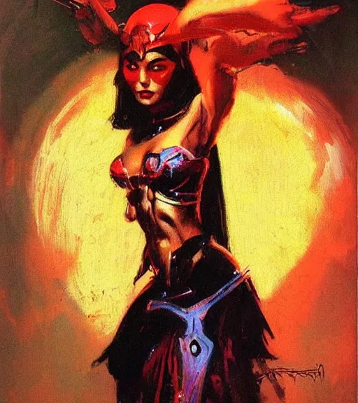 Image similar to portrait of strong iranian female chaos angel, beautiful! coherent! by frank frazetta, by brom, strong line, vivid neon color, shining metal power armor, iron helm, high contrast, maximalist