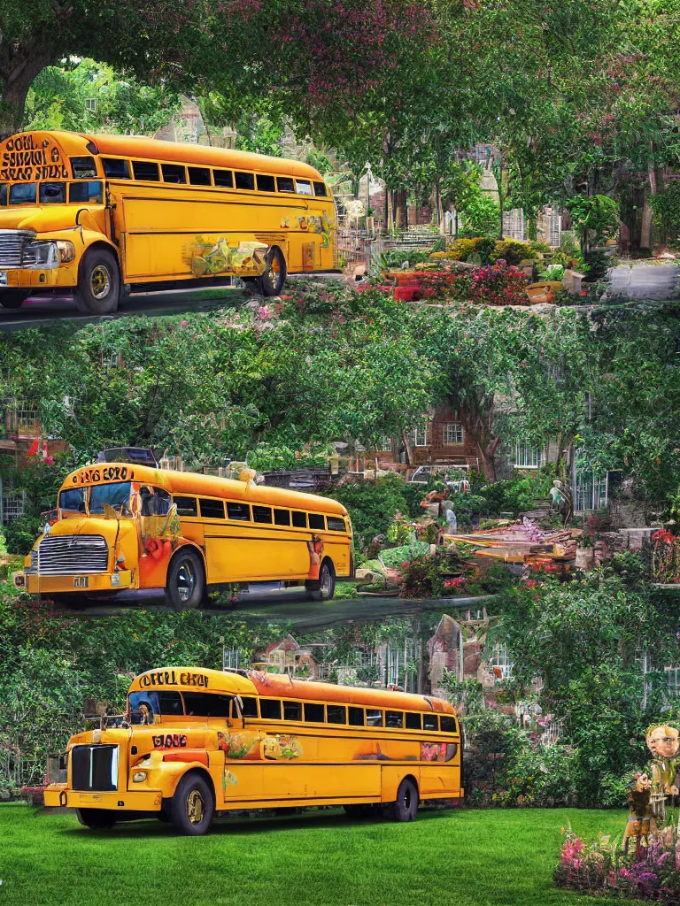 Image similar to a school bus turned home parked in a garden, digital art, hyper-detailed