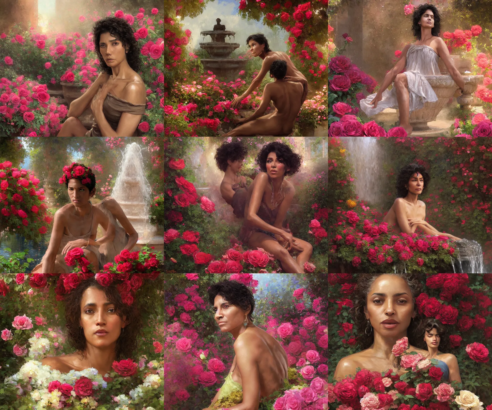 Prompt: digital art painting of a 5 0 years old latino brown skin skinny woman, wavy short hair seated on the edge of a fountain surrounded by roses and flowers painted by craig mullins and gaston bussiere and greg rutkowski, dramatic lighting, symmetrical facial features, symmetrical face, defined facial features, close up