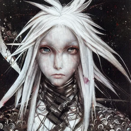 Prompt: Yoshitaka Amano realistic illustration of an anime girl with white hair and cracks on her face wearing dark souls armour with the cape fluttering in the wind, abstract black and white patterns on the background, noisy film grain effect, highly detailed, Renaissance oil painting, weird portrait angle