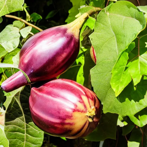 Prompt: an eggplant fruit still on the vine