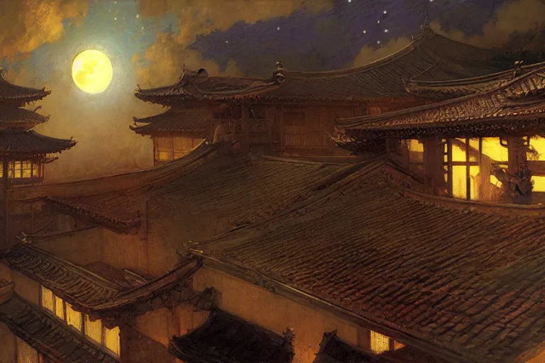 Image similar to wuxia, moon, roof, night, painting by gaston bussiere, craig mullins, j. c. leyendecker