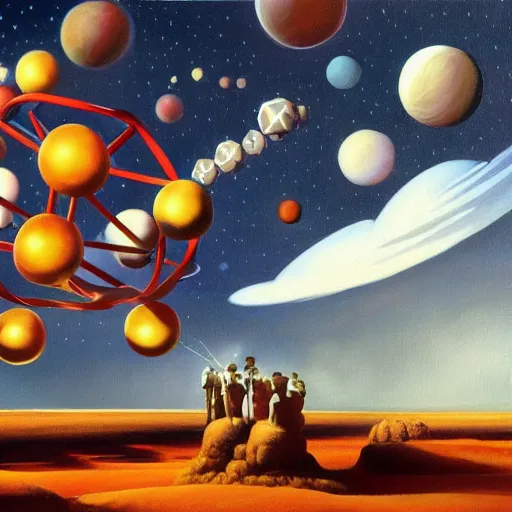 Image similar to a painting by ralph mcquarrie of floating molecules and icosahedron with stars, clouds, and rainbows in the background, trending on artstation, masterpiece, incredible details