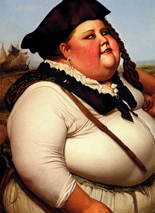 Image similar to close - up portrait of a morbidly obese female pirate with two peglegs and two hook hands, detailed dynamic light painting by albrecht anker