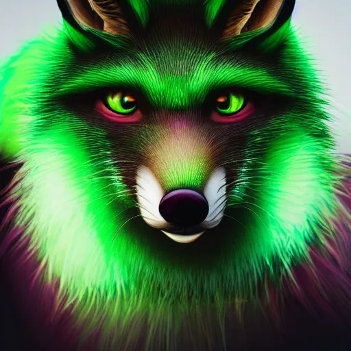 Image similar to close up of photorealistic green fox with green fur and glowing magenta eyes, wearing a black hoodie