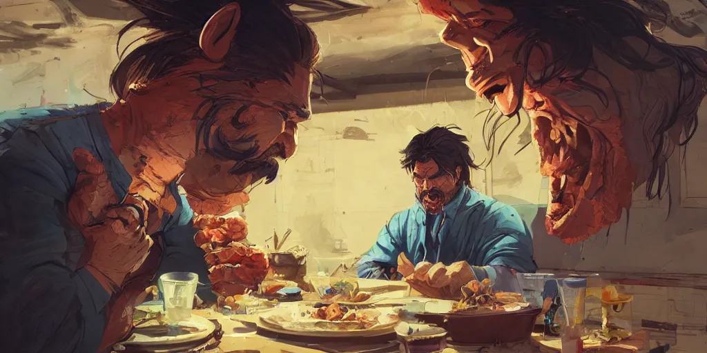 Image similar to cartoonish kurt russel eating dinner, vivid colors, character sheet, fine details, concept design, contrast, kim jung gi, greg rutkowski, trending on artstation, 8 k, full body, turnaround, front view, back view, ultra wide angle