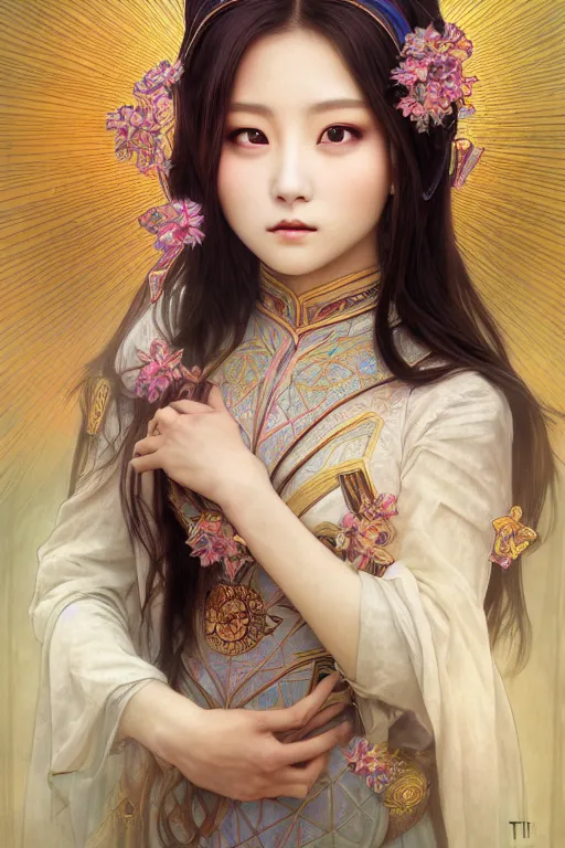 Image similar to beautiful and holy and divine young heroine portrait like twice tzuyu+happy+smoky eyes+front face with light flowing hai, ultradetail face, art and illustration by tian zi and WLOP and alphonse mucha, fantasy, intricate complexity, chinese, goddess, human structure, fantasy character concept, watermark, blurry, hyperrealism 8k