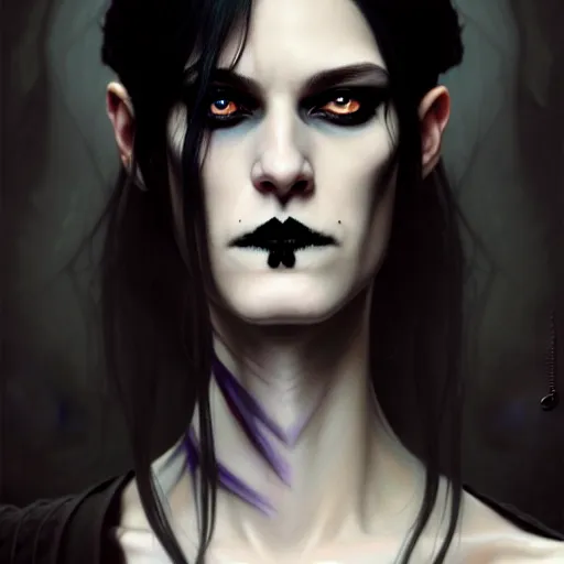 Image similar to portrait painting of an androgynous goth witch with shoulder length flowing black hair pale skin and beautiful dark brown eyes, ultra realistic, concept art, intricate details, eerie, highly detailed, photorealistic, octane render, 8 k, unreal engine. art by artgerm and greg rutkowski and magali villeneuve