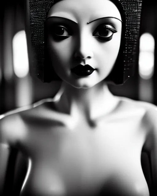 Image similar to black and white dreamy young beautiful female artificial intelligence, metropolis, cinematic, rim light, bokeh, photo - realistic, elegant, high detail, 8 k, masterpiece, photo taken in 1 9 3 0