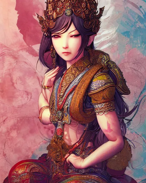 Image similar to character portrait of a contented female bodhisattva, praying, color page, 4 k, tone mapping, doll, akihiko yoshida, james _ jean _ andrei _ riabovitchev _ marc _ simonetti, yoshitaka amano, digital illustration