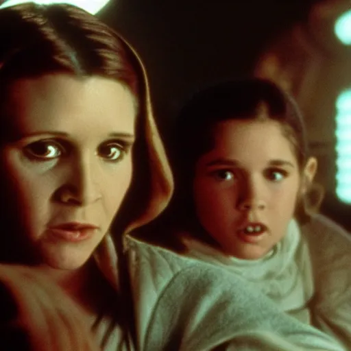 Image similar to film still of carrie fisher as a kid in new star wars movie, dramatic lighting, highly detailed face, kodak film, wide angle shot,