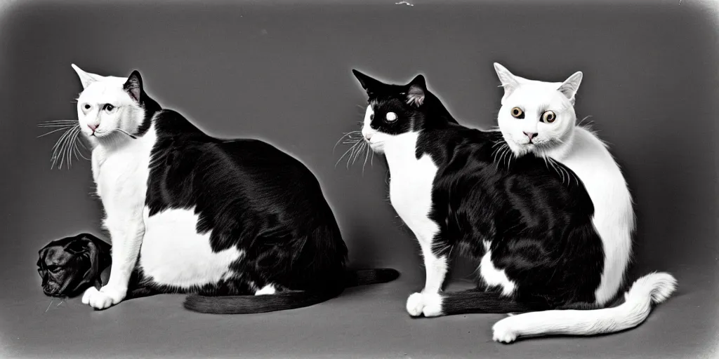 Image similar to very old black and white film photography of a silly animated cat giving a grumpy dog a back rub, real, year 1888, archive