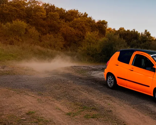 Image similar to border collie dog driving an orange nissan note, rally driving photo, award winning photo, golden hour
