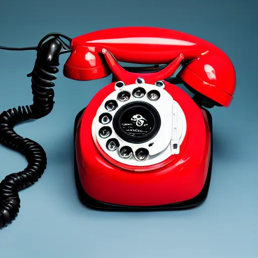 Prompt: commercial product photography advertisement for Salvador Dali’s Lobster phone, a red Rotary telephone with a lobster handset, The handle of the rotary phone is a plastic lobster, dark background, low key lighting, backlit, commercial studio lighting