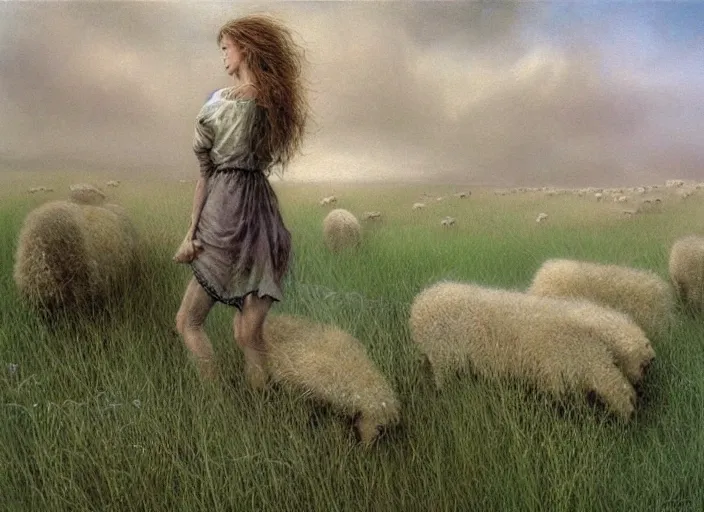 Prompt: shepherdess grazes sheep on a green meadow by Luis Royo and Beksinski