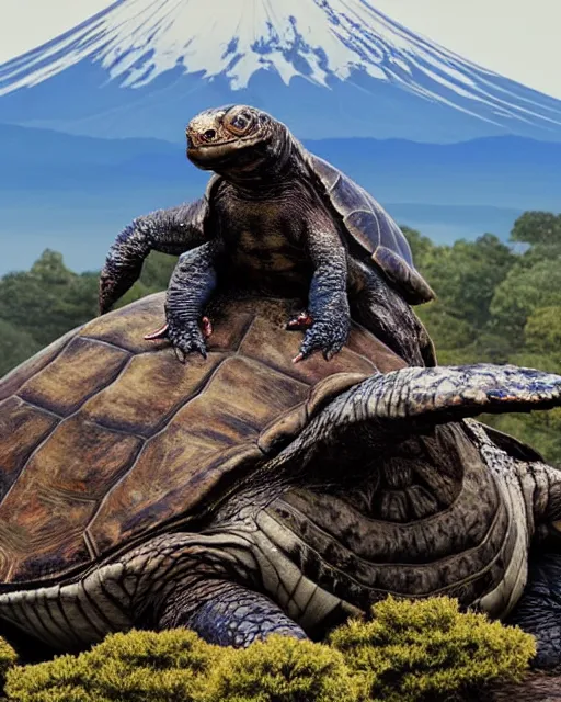 Prompt: full body photos of Gamera, the giant Turtle kaiju monster with Mount Fuji in the background, cinematic style, atmospheric, Japan, hyperreal