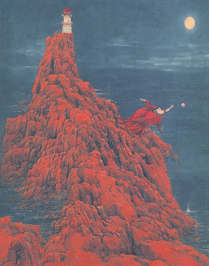 Image similar to worshippers in red robes belonging to the cult of the lighthouse clambering out of the water and entering the light house, high detailed beksinski painting, part by adrian ghenie and gerhard richter. art by takato yamamoto. masterpiece, deep colours, blue