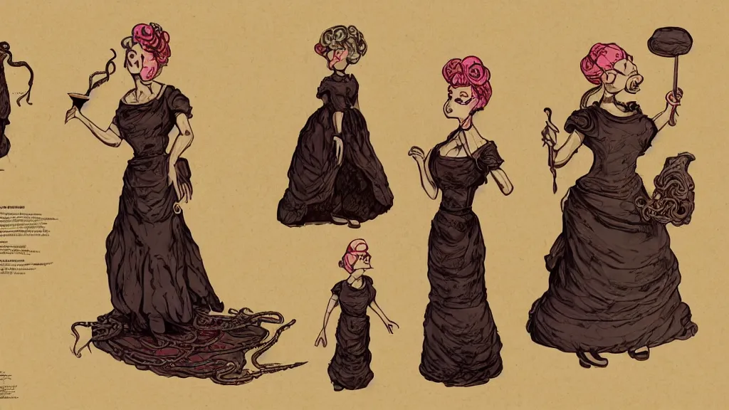 Prompt: aged paper, colorful character sheet for a stocky alien extraterrestrial victorian female servant maid with thick snake - like tentacles instead of hair, long dress with apron, jim henson creature shop, coherent, illustration, digital art, trending on artstation, hd, 8 k, good lighting, beautiful, rough paper, masterpiece