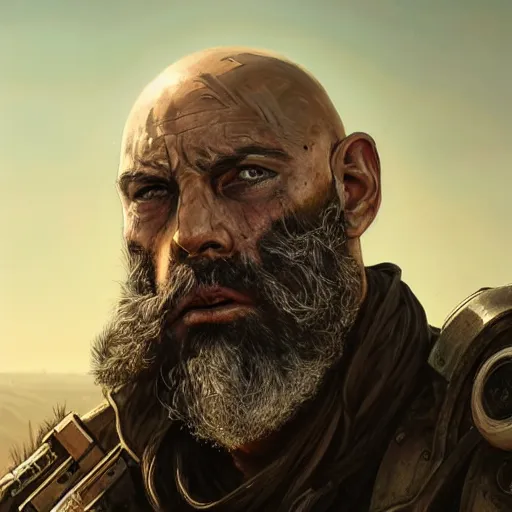 Image similar to portrait painting of a post apocalyptic man, bald, black beard, handsome, desert rander, ultra realistic, concept art, intricate details, eerie, highly detailed, fallout, wasteland, photorealistic, octane render, 8 k, unreal engine 5. art by artgerm and greg rutkowski and alphonse mucha