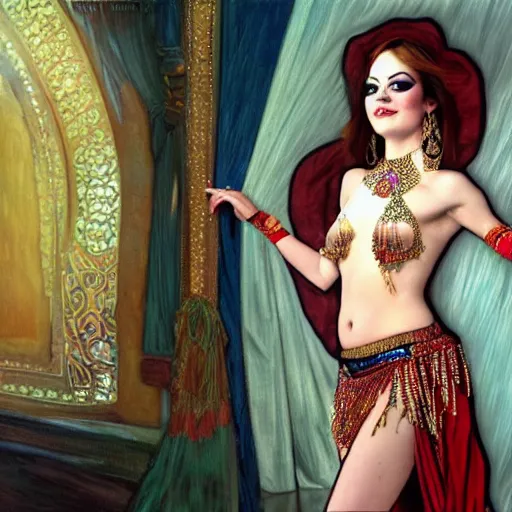 Image similar to a photorealistic portrait of emma stone dressed as a belly dancer, arabian night, high quality, fully detailed, 4 k, in focus sharp face with fine details, realistic hand details and anatomy composition, inspired by belly dancer on youtube, alphonse mucha, masterpiece, stunning