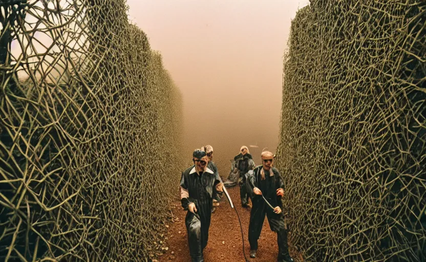 Image similar to cinestill 5 0 d photographic portrait by helen levitt of evil hazmat scientists walking through a brutalist hedge maze, extreme closeup, cinematic, modern cyberpunk, dust storm, 8 k, hd, high resolution, 3 5 mm, f / 3 2