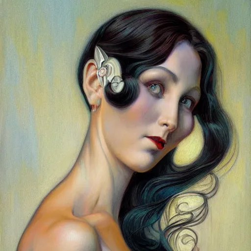 Image similar to an art nouveau streamline moderne portrait in the style of donato giancola and charles dulac and anna dittmann.