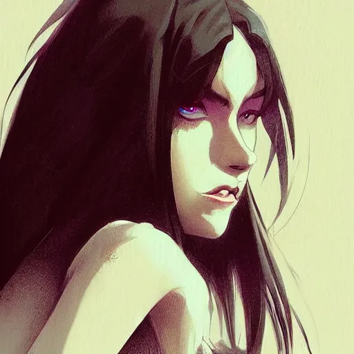 Image similar to female human vampire witch in the style of greg rutkowski, makoto shinkai, trending on artstation, character design, concept art, pretty face, highly detailed, long black hair, portrait, digital art