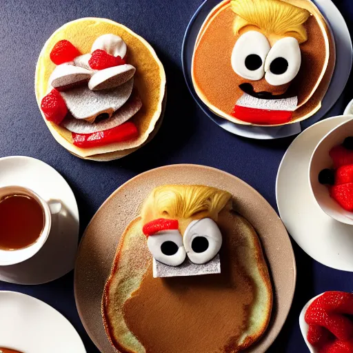 Image similar to Donald Trump anthropomorphic pancake stack, food photography