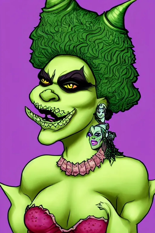 Image similar to d&d character artwork of a green-skinned orc drag queen, drag queen orc in frilly rococo ballgown and wearing a huge rococo powdered wig