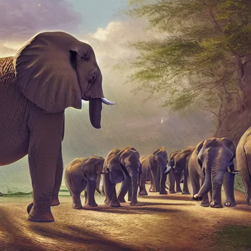 Prompt: the grand duke, leading a herd of elephants to market, fantasy, digital illustration, intricate