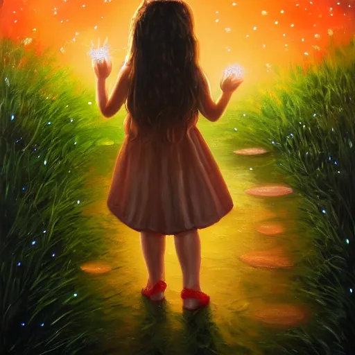 Prompt: A little girl with wavy brown hair with a happy expression wearing a summer dress dancing with fireflies, she is in the distance. beautiful fantasy oil painting, trending on artstation.