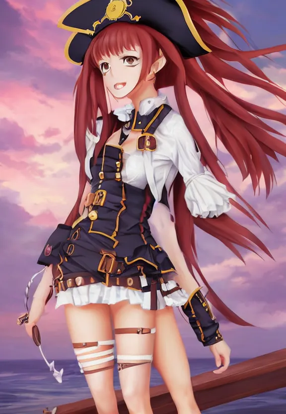 Image similar to extreme wide angle portrait of a female pirate, a cute uniform, somewhat of an anime in fantasy style, trending artwork, made with anime painter studio, by anato finstark, tony sart and an anime artist, collaboration