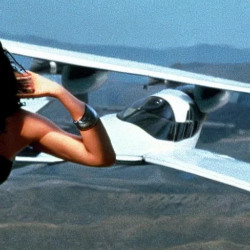 Image similar to gal gadot flying next to a plane in american psycho ( 1 9 9 9 )