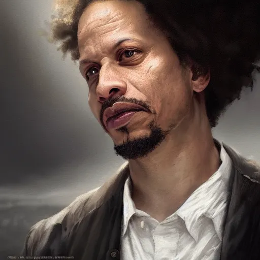 Image similar to closeup portrait of eric andre, dramatic light, gorgeous view, depth, high detail, digital art, painted by greg rutkowski and seb mckinnon, by tim burton, trending on artstation