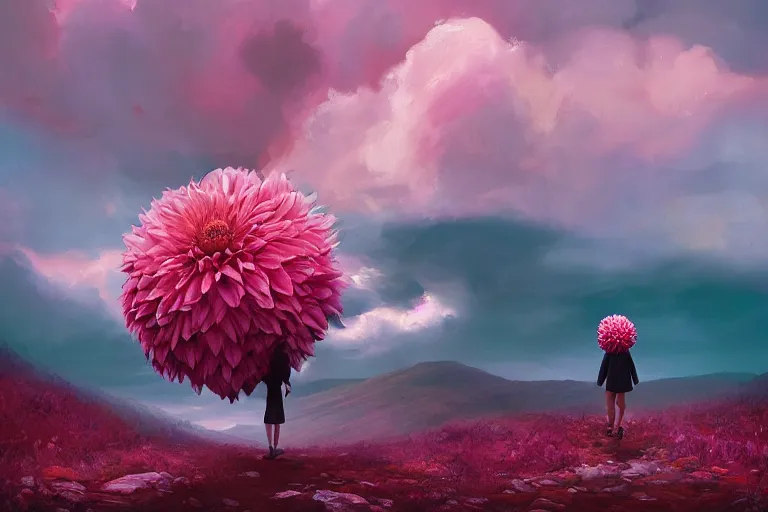 Image similar to giant dahlia flower head, girl walking on mountain, surreal photography, pink storm clouds, dramatic light, impressionist painting, digital painting, artstation, simon stalenhag