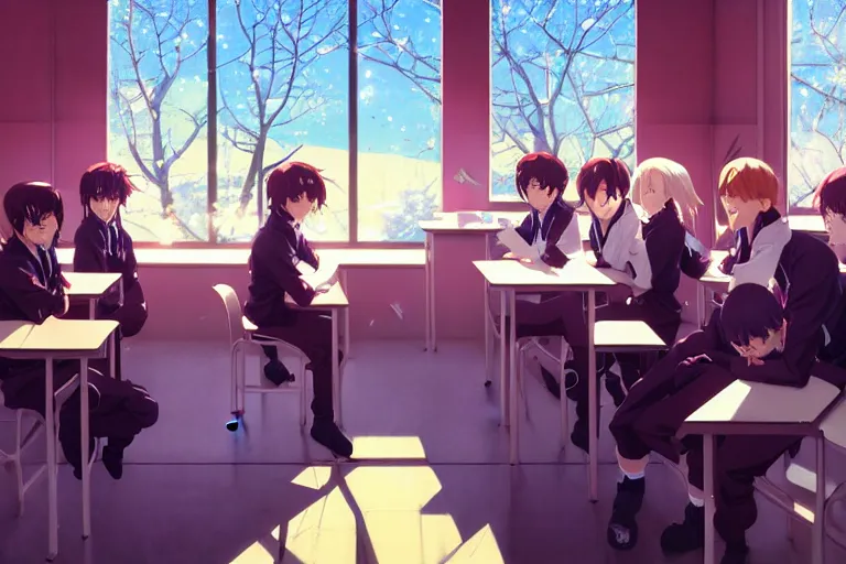 Prompt: boy's love anime modern high school classroom in winter clear day, expert high detail concept art, perfect proportions fine - face, vivid colors, photorealistic shaded lighting poster ilya kuvshinov, katsuhiro, jeremy lipkin and michael germash, makoto shinkai, wlop loish and clamp style, trending on art station, best selling artist