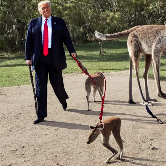 Prompt: a photo of Donald trump walking a kangaroo on a leash