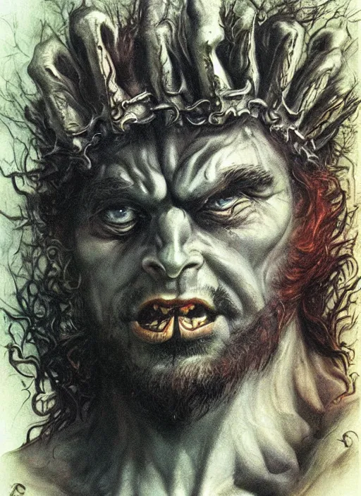 Image similar to portrait of grizzled male god of the damned, black iron crown, claw scars, strong line, deep color, forest, beautiful! coherent! by boris vallejo, by brian froud