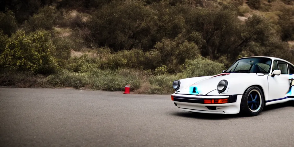 Image similar to photograph, debadged, 1989 PORSCHE 911, RWB, by Pete Biro, press release, cinematic, malibu canyon, 8k, depth of field, bokeh. debadged ,