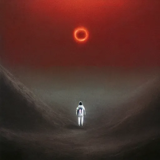 Image similar to ultra realistic, astronaut looking up at big eerie hell cathedral on a destroyed planet, Zdzisław Beksiński style, black and red background, occult, photo realistic, dark atmosphere