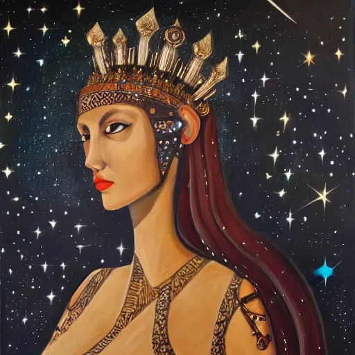 Prompt: Artemixel, the modern reincarnation of the old selenium god of hunt and moon, also known as Artemis the Selene, carrying the celebrated Crown of the Crescent Moon, wich its usual bright and slightly bluish crescent like the brightness of the night. Portrait by Nicola Samuri, oil on canvas