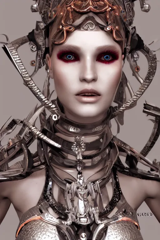 Image similar to white cyborg fashion shot, maasai warriors, copper spiral hair decorations, white elegant baroque design, pretty face, punk hair, photorealistic, 8k, hyper detailed, unreal engine, trending on artstation,