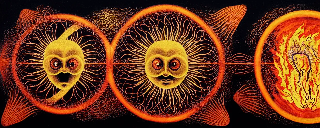 Image similar to a strange fire creature with endearing eyes radiates a unique canto'as above so below'while being ignited by the spirit of haeckel and robert fludd, breakthrough is iminent, glory be to the magic within, in honor of saturn, painted by ronny khalil