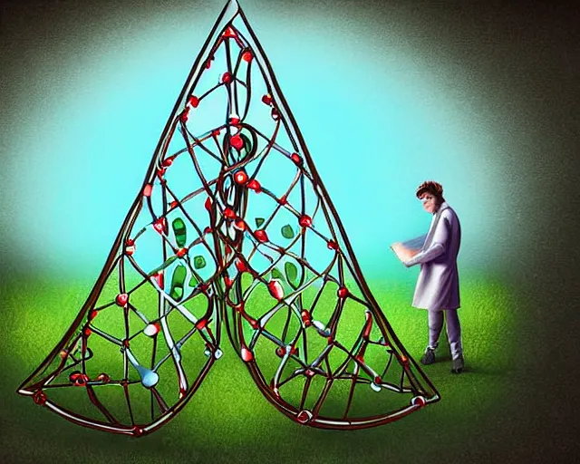 Image similar to in a field, two scientists in lab coats encounter a monster shaped like the DNA double helix, digital art