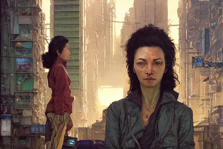 Prompt: A solarpunk very highly detailed Judy Alvarez with very highly detailed face on the street of a very highly detailed smooth solarpunk city digital concept art by Greg Rutkowski, neofuturistic highly detailed, digital concept art, Dimensional cyan gold natural light, sharp focus, Golden Ratio illustration, realistic concept art by Stephen Hickman and James Gurney and Hiromasa Ogura Ghost in the Shell rendered in Octane Render, From the distance