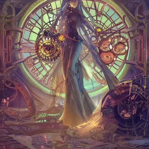 Image similar to ultra realistic illustration of steampunk magical fairy, clocktower, industrial, factory, magic spells, lenses, colorful lights, intricate, elegant, highly detailed, digital painting, artstation, concept art, smooth, sharp focus, illustration, art by artgerm and greg rutkowski and alphonse mucha