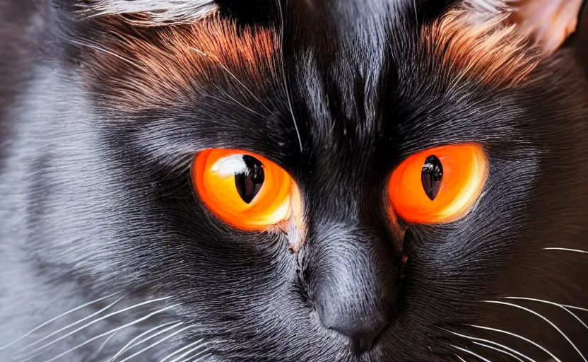 Image similar to A portrait of a black cat with orange and red eyes