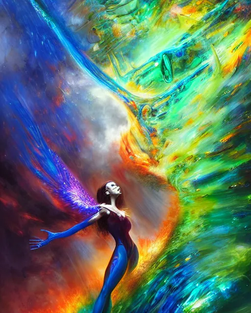 Prompt: blue and green rainbow fire, by antonio j. manzanedo, alex grey, android jones, wayne barlowe, philippe druillet, raymond swanland, cyril rolando, josephine wall, harumi hironaka, cronenburg, trending on artstation