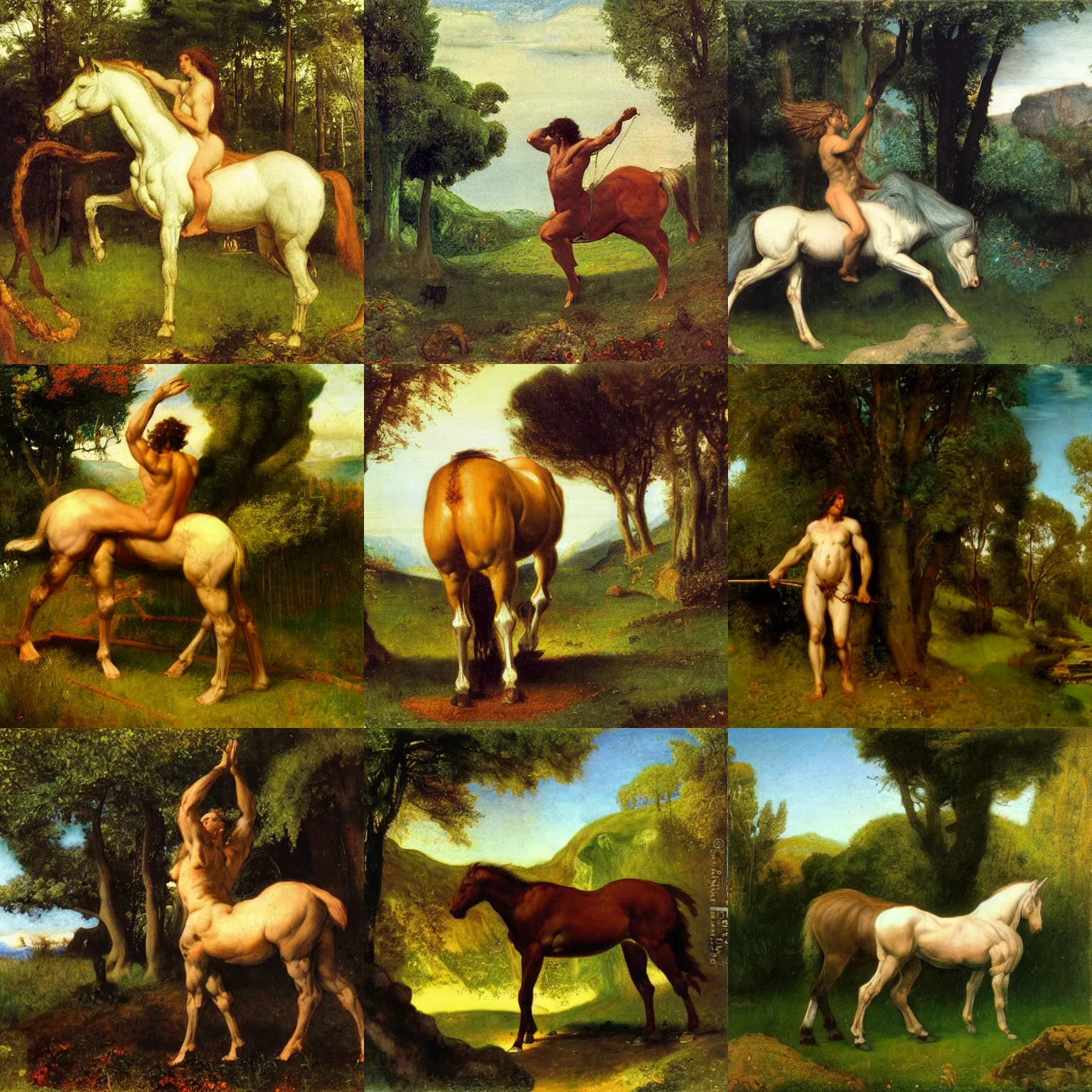 Prompt: artwork by Arnold Böcklin showing centaur in greek woods, greek mythology